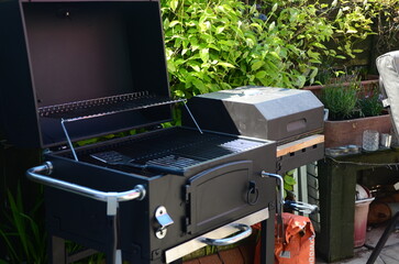 garden barbecue, outdoor living cooking food on charcoal fire summer party fun  