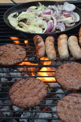 garden barbecue, outdoor living cooking food on charcoal fire summer party fun  