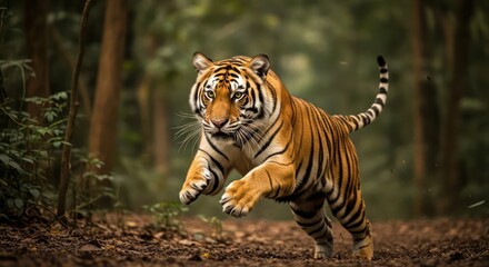 Obraz premium Majestic bengal tiger leaping through the heart of a vibrant forest landscape prowling and powerful