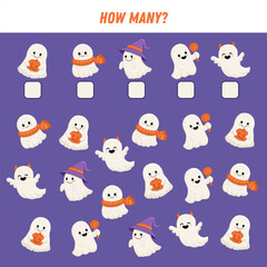 How many cartoon ghosts are there. Count the number of funny ghost. Math worksheet for kids. Halloween game. Vector illustration