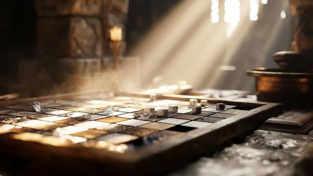 A dusty wooden table holds an unfinished board game, with scattered tiles glimmering in the light. The light streams in, highlighting the forgotten wooden table and enhancing the m