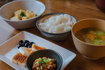 Traditional Japanese breakfast with natto and miso soup
