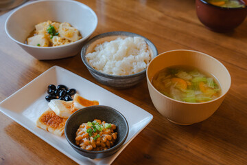 Traditional Japanese breakfast with natto and miso soup
