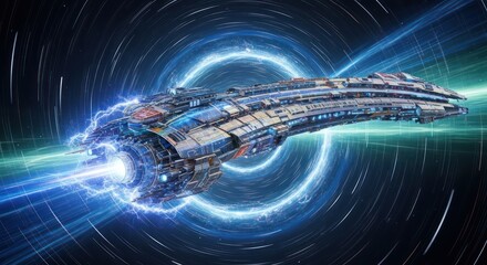 Spectacular interstellar spaceship navigating a shimmering wormhole in deep space