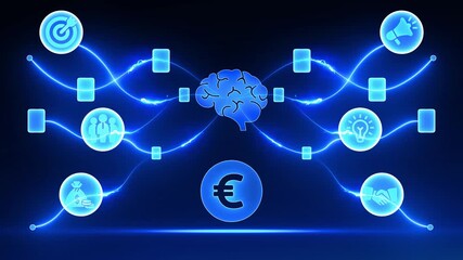 Brain Network with Business Icons, Idea Bulb, and Euro Symbol Linked by Neon Blue Lights connection digital - Powered by Adobe