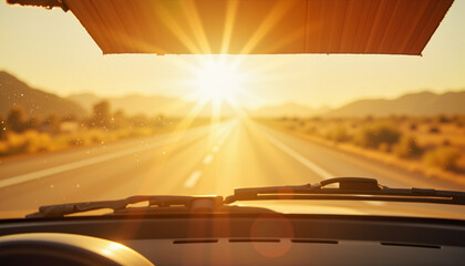 Car view on an open road with a bright sunset in the background