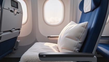 Airplane seat with white pillow by window in sunlight  
