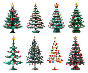 PNG Colorful ceramic Christmas trees collection, element set on transparent background