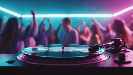 Professional dj turntable spinning a vinyl record with blurred people dancing in the background illuminated by vibrant pink and blue neon lights - Powered by Adobe