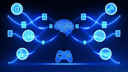 Digital Brain Network Connecting Icons of Business Goals, Teamwork, Money, Gaming, Ideas, Communication, and Partnership - Powered by Adobe