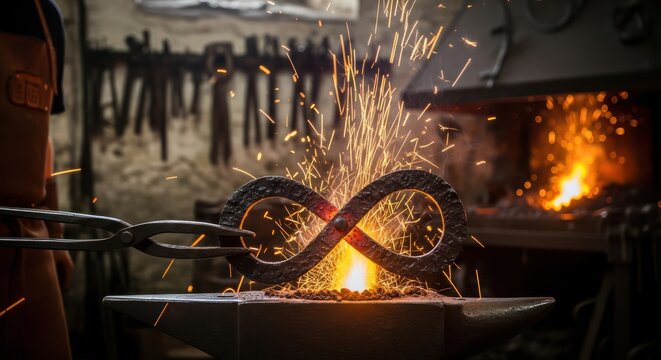 Crafting eternity: a blacksmith shaping the infinite with fire and steel in a forge