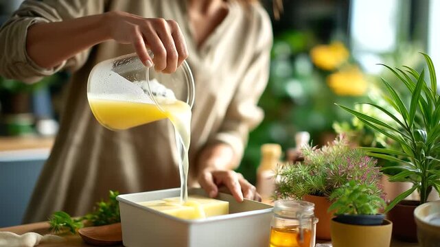 Woman pouring soap mixture into mold at home workshop, creativity and scent, handmade process, craft and patience, eco lifestyle, learning new skill, self care hobby, natural artis