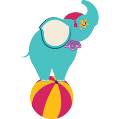 Cute Cartoon Elephant Balancing on a Colorful Striped Ball with a Circus Hat and Star Decoration on a Transparent Background