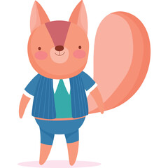 Cute Cartoon Fox Wearing A Blue Suit And Teal Vest With Large Orange Tail And Pink Cheeks And Eyes On A Transparent Background