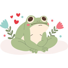 Cute Cartoon Frog Sits Peacefully Surrounded by Soft Pink and Blue Flowers and Small Red Hearts on a White Transparent Background