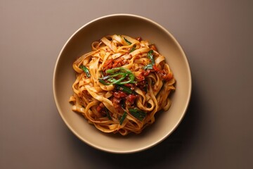 Bowl of Fresh Asian Noodles With Chili Oil and Scallions Presented on a Brown Table Top