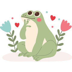 Cute cartoon frog sitting amongst flowers with hearts floating around illustration