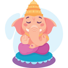 Cute Cartoon Ganesha Sitting in Meditation Pose on a Colorful Cushion with Eyes Closed and Wearing a Golden Crown