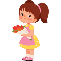 Cute Cartoon Girl Holding a Bouquet of Red Tulips Wearing a Yellow Dress and Pink Apron with Brown Ponytail