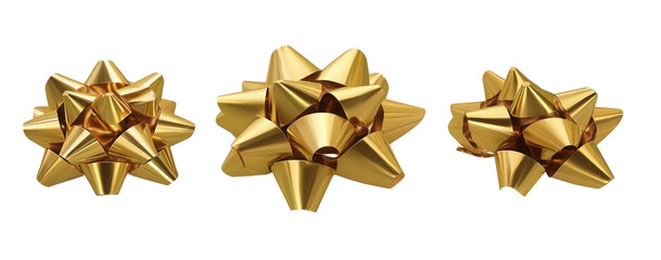 Set of golden paper ribbon bows isolated on white or transparent background. Top and profile views.
