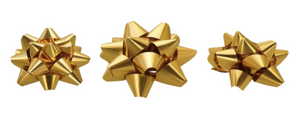Set of golden paper ribbon bows isolated on white or transparent background. Top and profile views.
