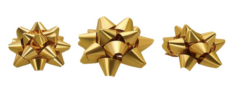 Set of golden paper ribbon bows isolated on white or transparent background. Top and profile views.
- Powered by Adobe