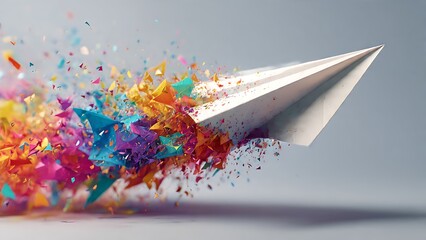 A paper airplane soaring, leaving a colorful explosion trail