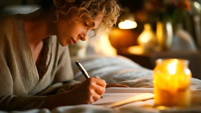 Woman writing personal journal in bed by candlelight, peaceful evening, reflection and mindfulness, emotional clarity, creative solitude, slow living, inner peace, cozy night atmos