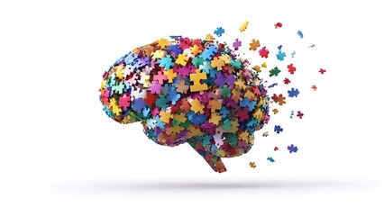 A conceptual image of a brain constructed from puzzle pieces, with some pieces scattering