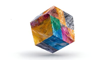 Abstract cube with vibrant colors and diverse textures, representing innovation and creativity. The artwork showcases a dynamic and unique design