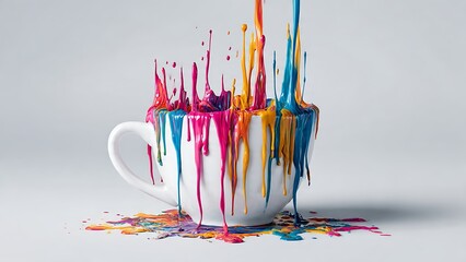 A coffee cup overflowing with vibrant colorful paint. The cup and paint create a unique artistic and visually striking image