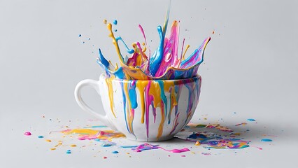 A coffee cup bursts with vibrant splashes of colorful paint, creating an eye-catching display. The cup is overflowing with various hues