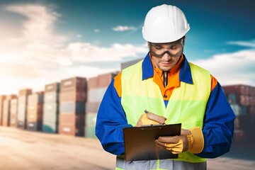 Fototapeta premium Foreman control Containers box for import export.