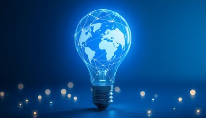 Glowing lightbulb with world map inside, symbolizing global innovation and technology.