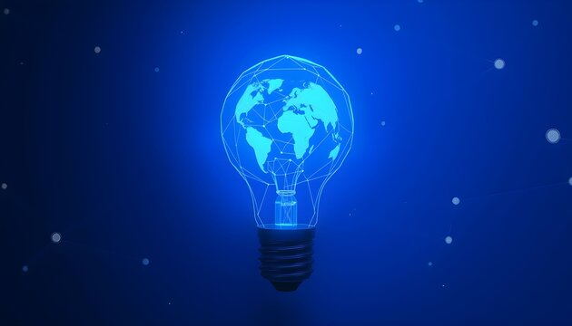Glowing blue light bulb with a world map inside, representing global innovation and ideas. - Powered by Adobe