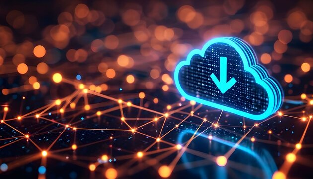 A glowing blue cloud icon with a download arrow, symbolizing cloud computing and data transfer, set against a backdrop of interconnected digital nodes and bokeh lights.