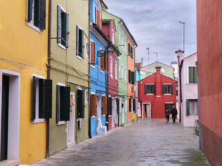 Colorful European Street Bright Painted Houses Pedestrians Walking