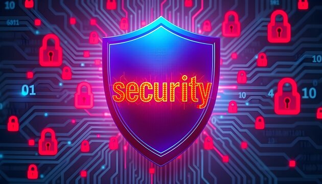 Cyber security shield with padlocks and digital circuit board background. - Powered by Adobe