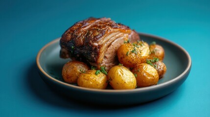 Roast Pork With Crispy Skin Alongside Small Golden Potatoes on a Blue Plate
