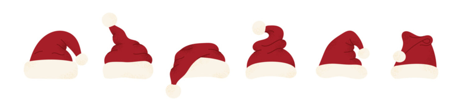 Set of Santa hats in different shapes. Christmas holiday headwear with white fur trim and pompom. Festive New Year decoration element. Flat vector illustration isolated on white background.