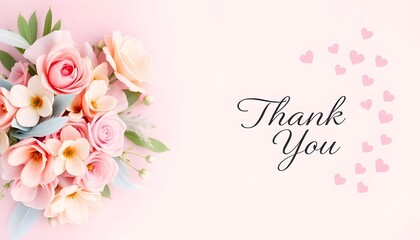 A beautiful bouquet of pastel roses and other flowers arranged artfully on a soft pink background with small hearts.