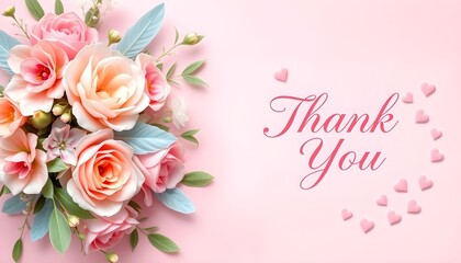 Thank you card with pink roses and small hearts on a pink background.