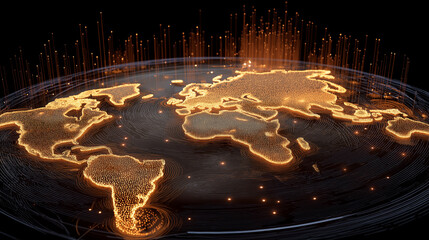 AI holographic world map showing digital currency flow, glowing network lines