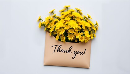 A bouquet of fresh yellow chrysanthemum flowers inside a beige envelope with the words 'Thank you!' written on it.
