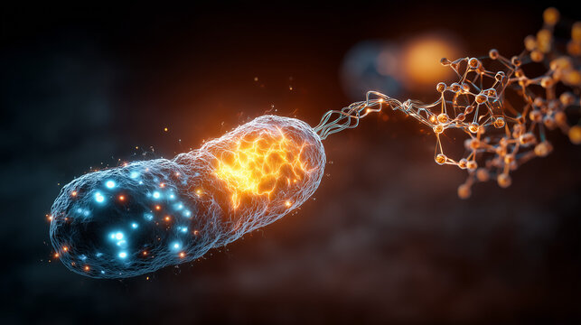 Mitochondrial rejuvenation, visualizing an old mitochondrion being recharged and revitalized by NAD+.