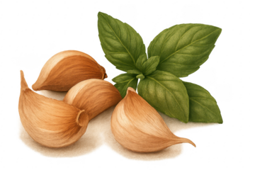 Garlic cloves and basil leaves on transparent background
