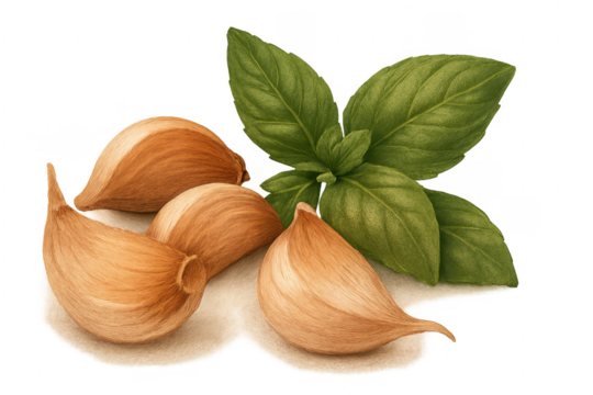 Garlic cloves and basil leaves on transparent background - Powered by Adobe