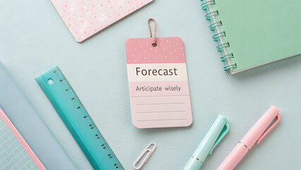 A pink Forecast tag with notes and stationery items