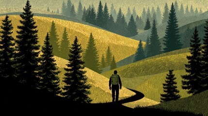 A solitary hiker walks along a winding path through lush green hills at sunset, surrounded by tall pine trees