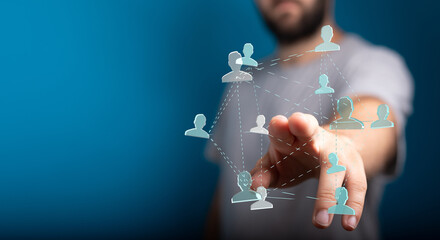 Person touching a digital network interface. Concept of networking, business, communication, and social media. Representing global connection.